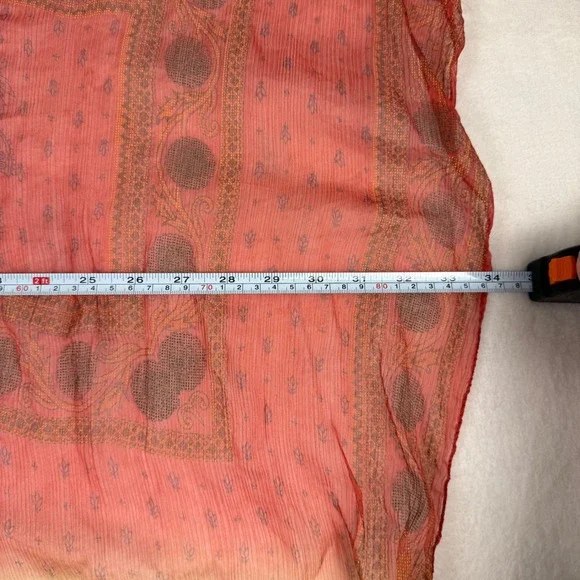 Sheer Boho Ombré Scarf Red Tan Lightweight Floral Block Print - Picture 4 of 5